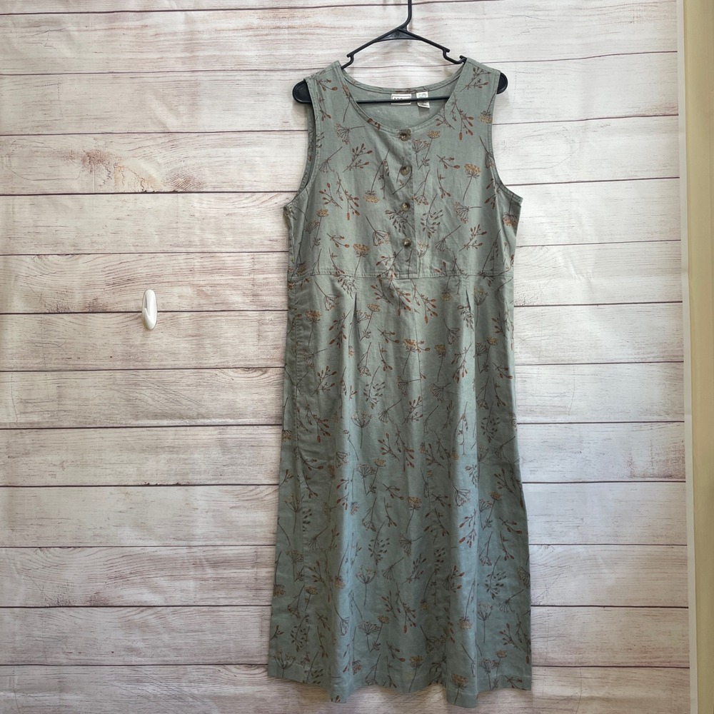 VINTAGE L.L. BEAN LINEN BLEND MAXI DRESS IN GREEN BOTANICAL PRINT